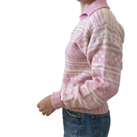 Vintage Carroll Reed Wool Pink Snowflake Valentines Day Collared Chunky Sweater - Picture 5 of 7